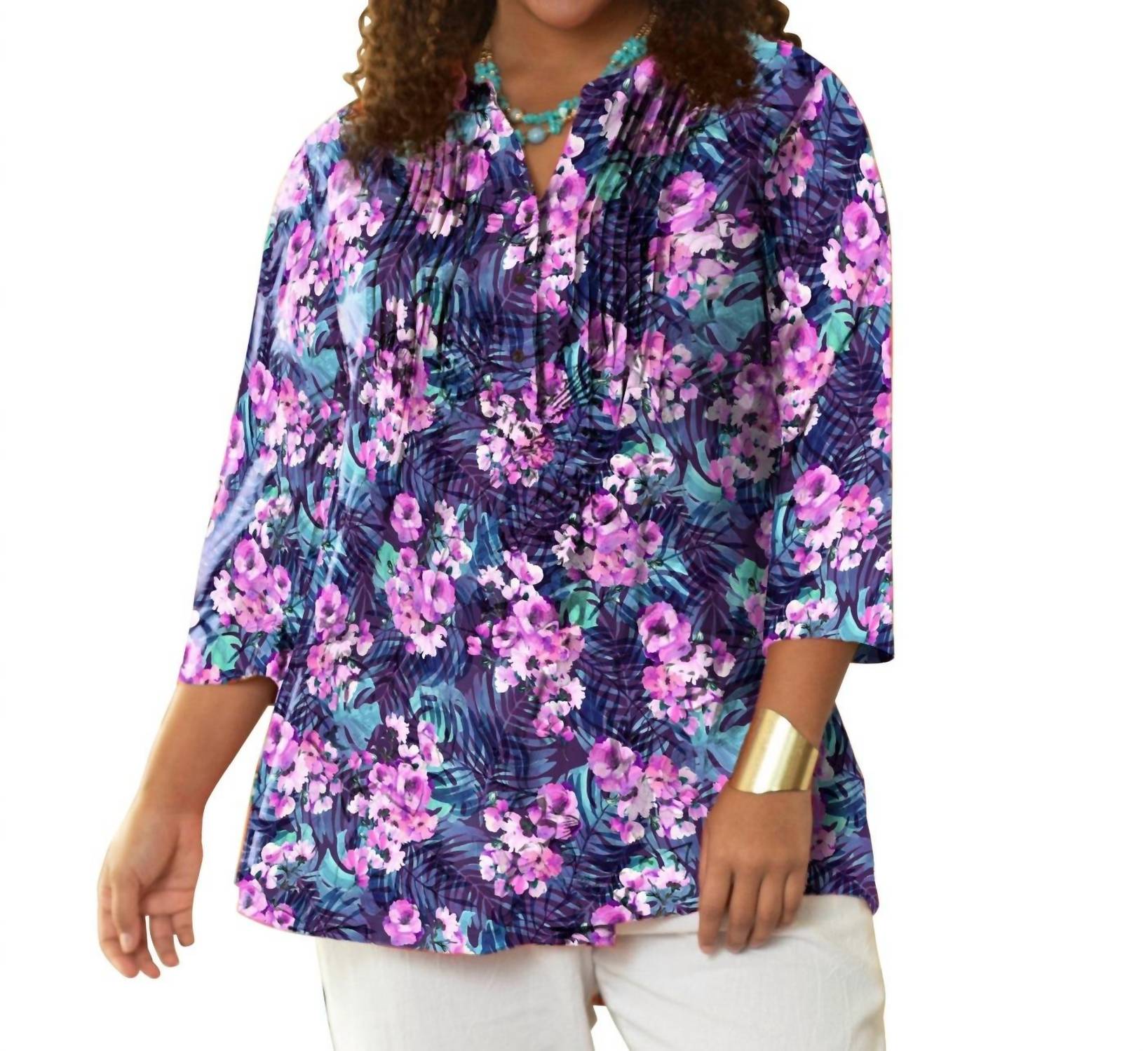 On The Plus Side - Printed Pleated 3/4 Sleeve Mandarin Collar Tunic - Plus - clothing - patterned - purple