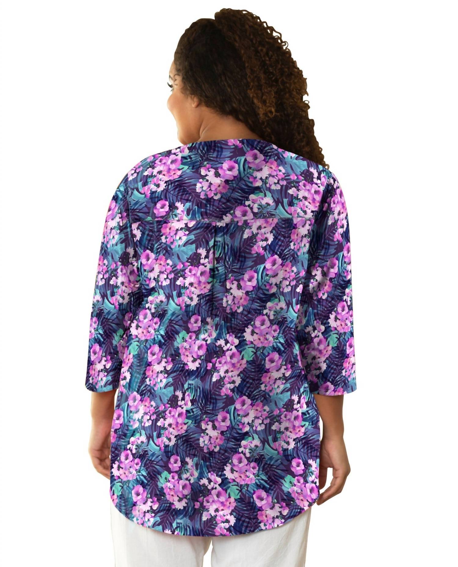 On The Plus Side - Printed Pleated 3/4 Sleeve Mandarin Collar Tunic - Plus - clothing - patterned - purple
