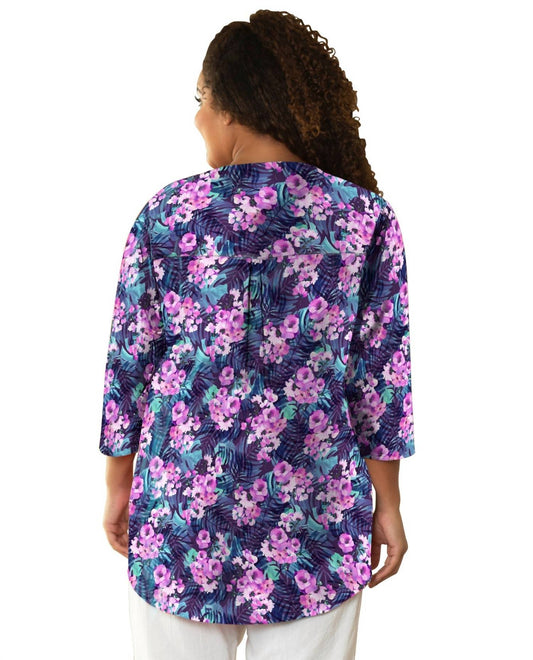 On The Plus Side - Printed Pleated 3/4 Sleeve Mandarin Collar Tunic - Plus - clothing - patterned - purple