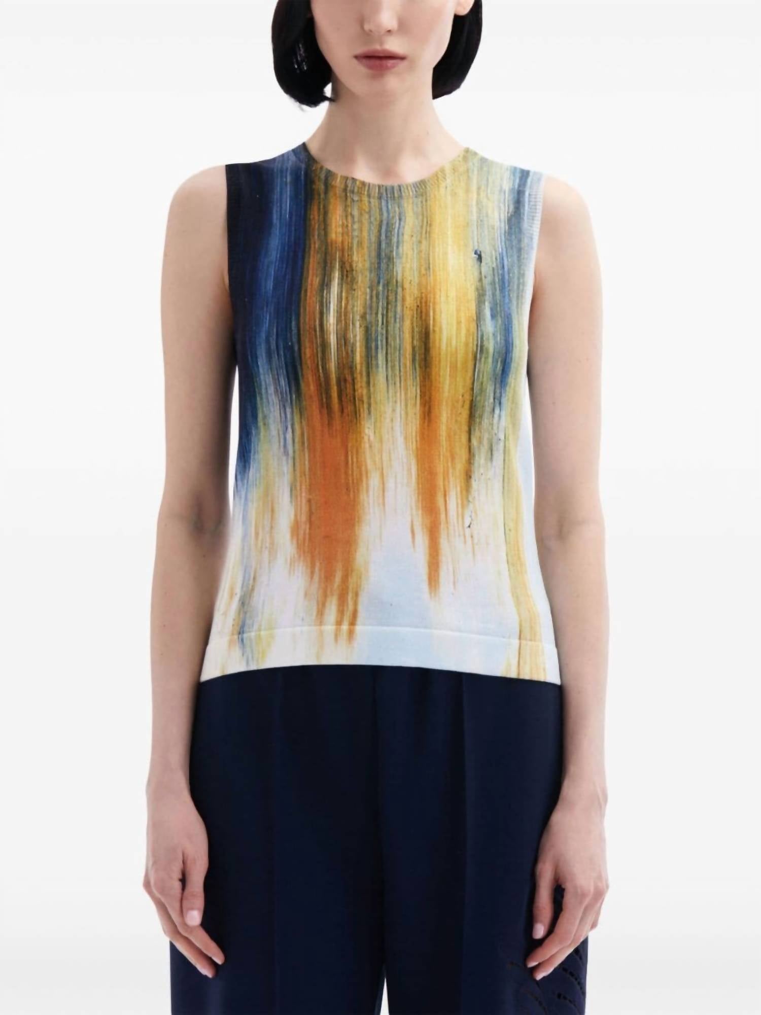 Oscar De La Renta - Brush Print Fine Knit Top - clothing - cotton - tank - tops