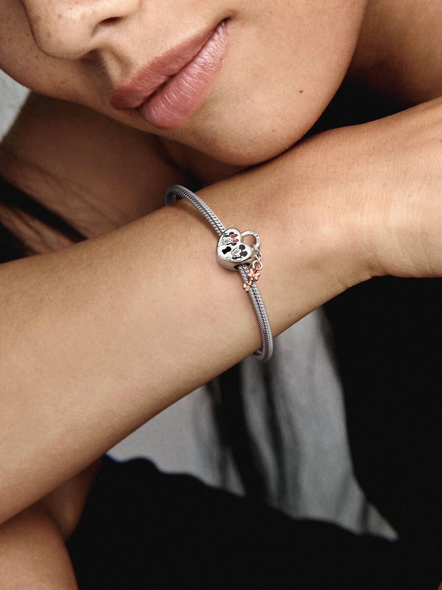 Pandora - Women's Disney Minnie And Mickey Mouse Heart Padlock Charm - bracelets - jewelry - silver