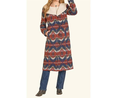 Panhandle - Aztec Jacquard Sherpa Lined Long Hooded Coat