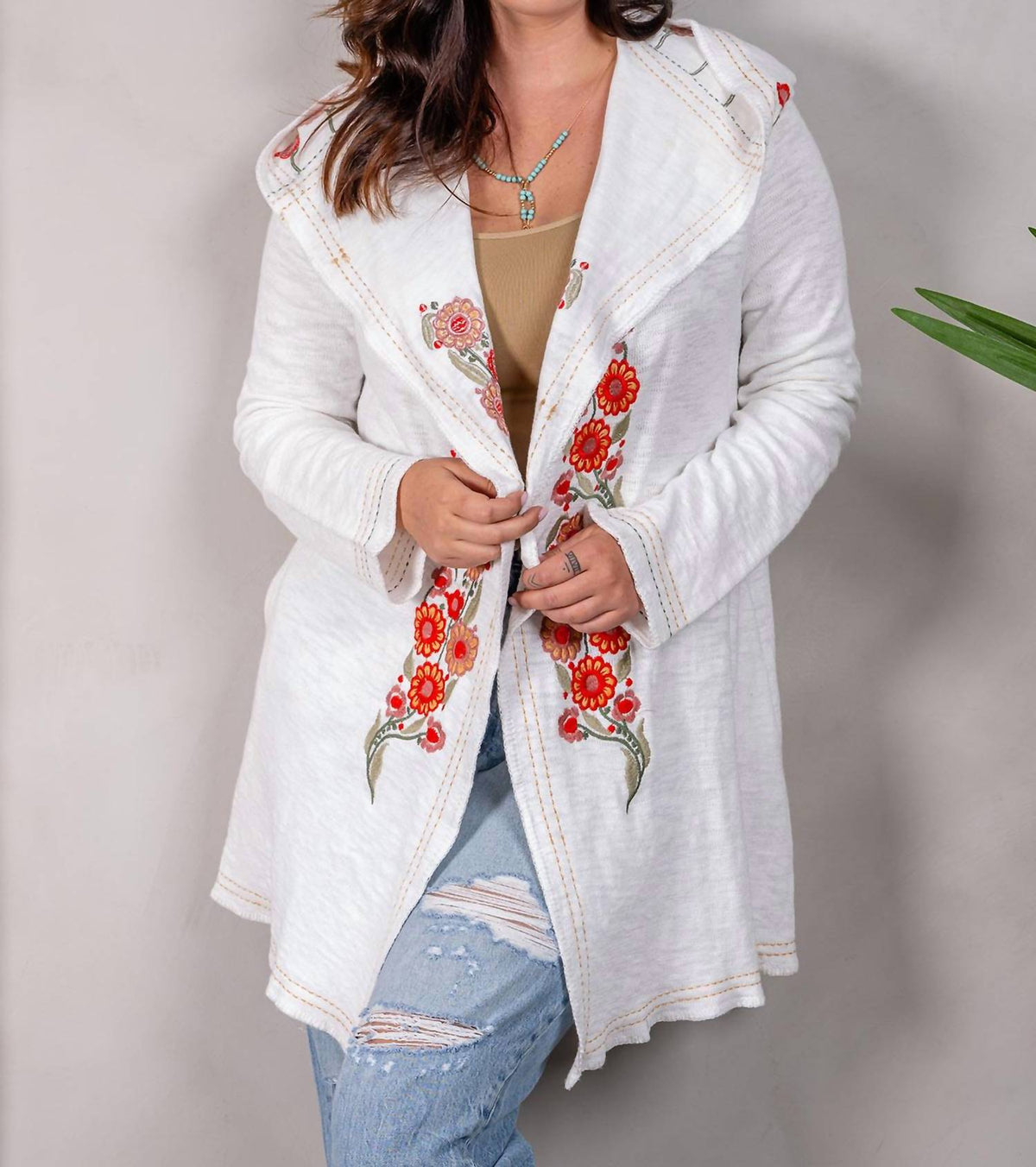 Paparazzi - Embroidered Double Knit Hooded Open Front Jacket
