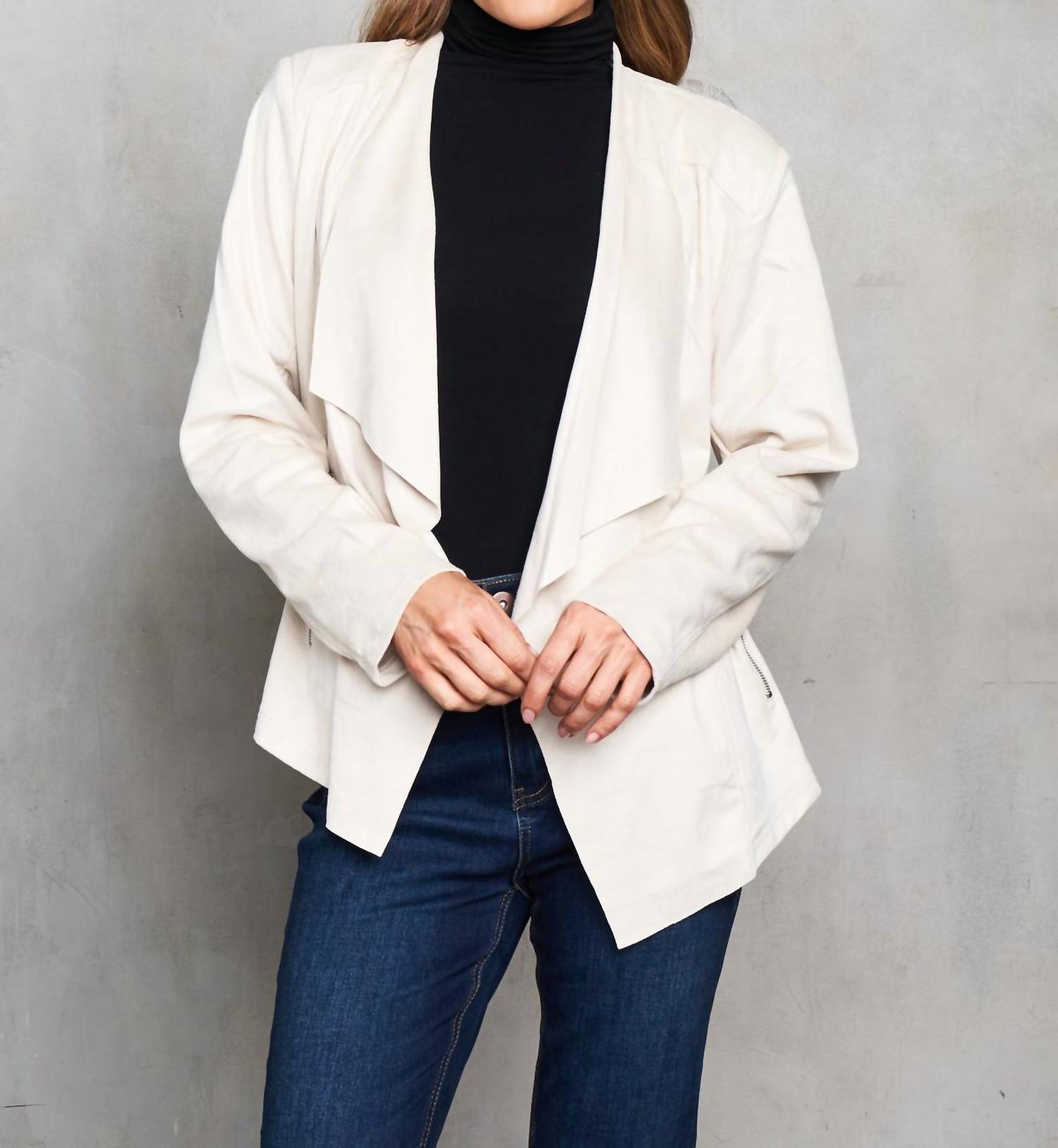 Paparazzi - Faux Suede Drape Front Jacket - beige - blazers - clothing