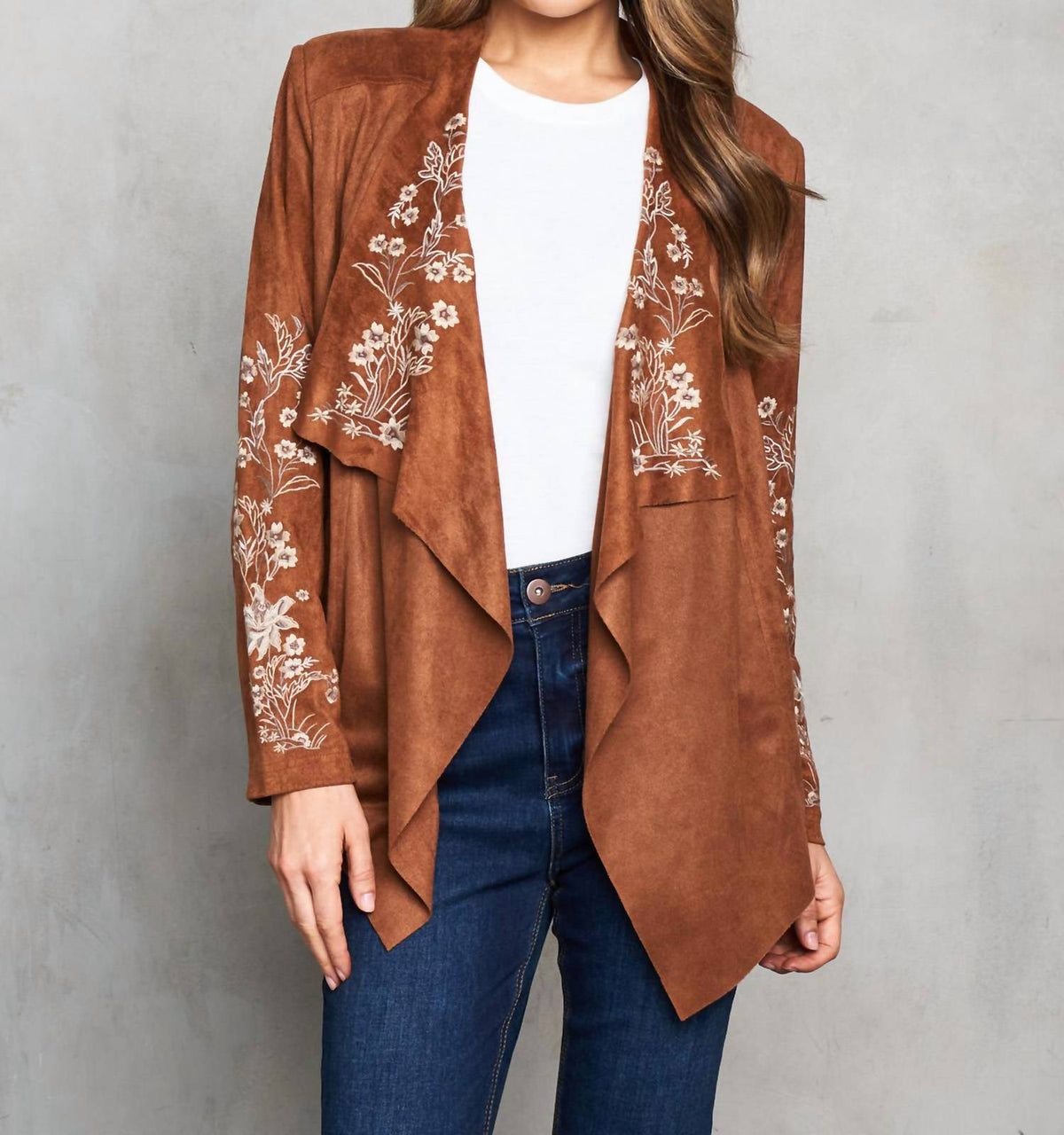 Paparazzi - Faux Suede Embroidered Open Front Short Jacket
