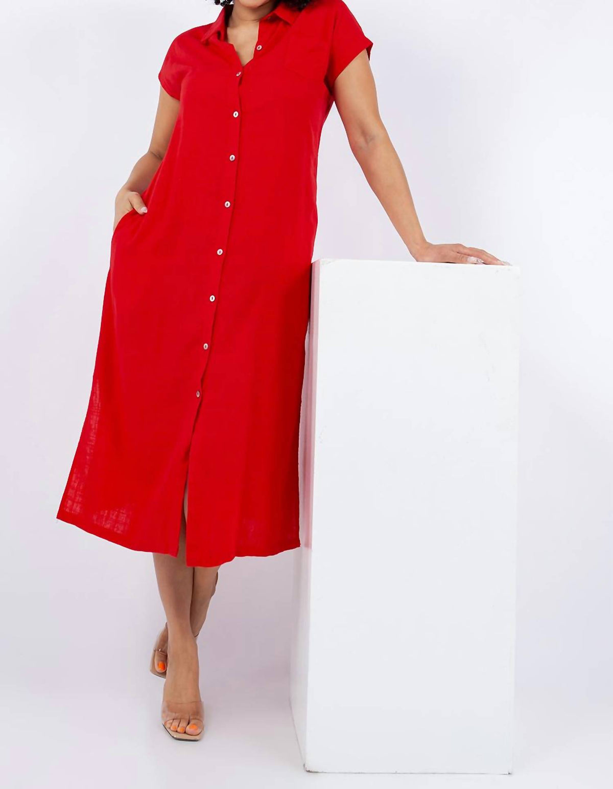 Paparazzi - Linen Blend Solid Midi Shirt Dress