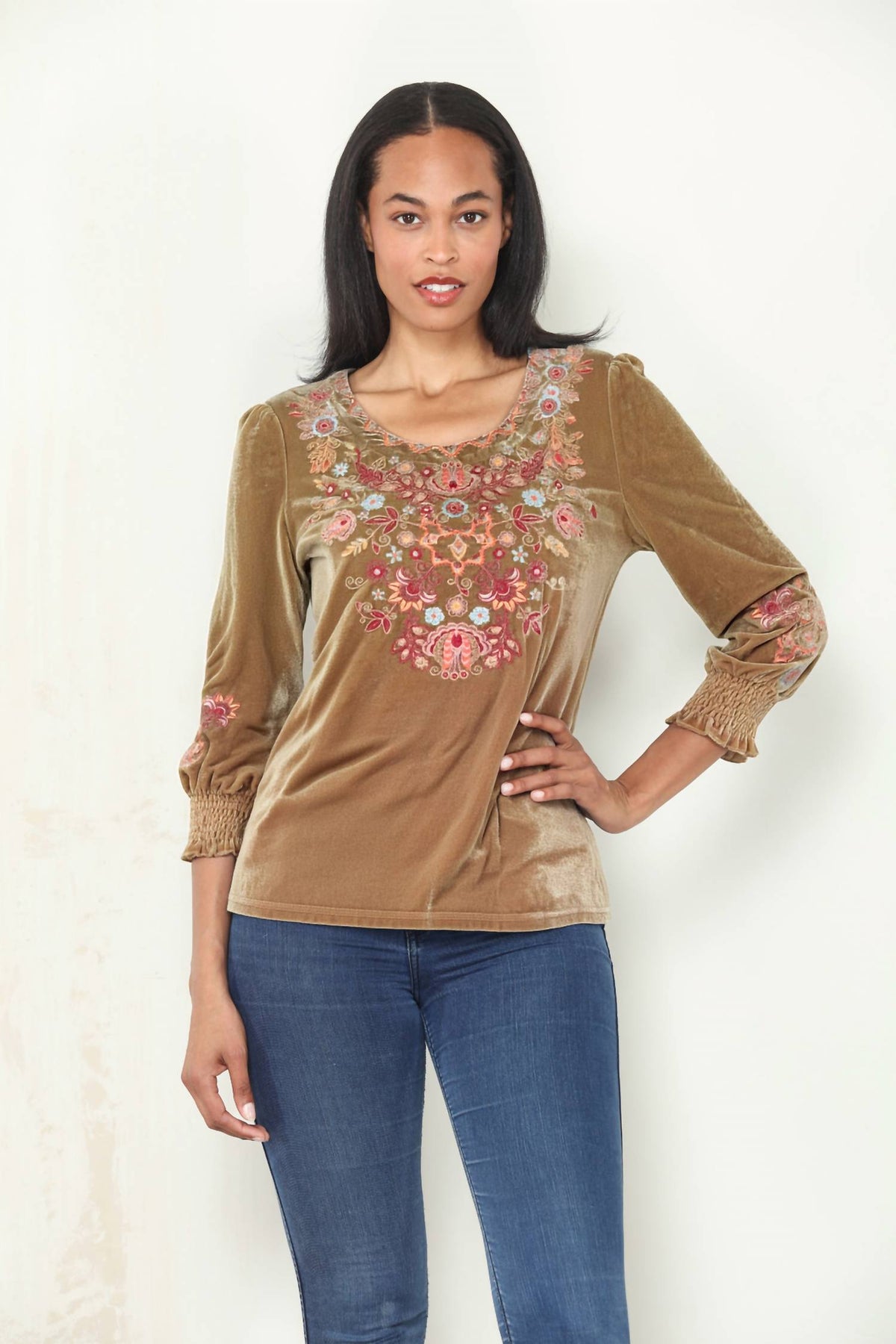 Paparazzi - Stretch Velvet Embroidered Pull-Over Blouse