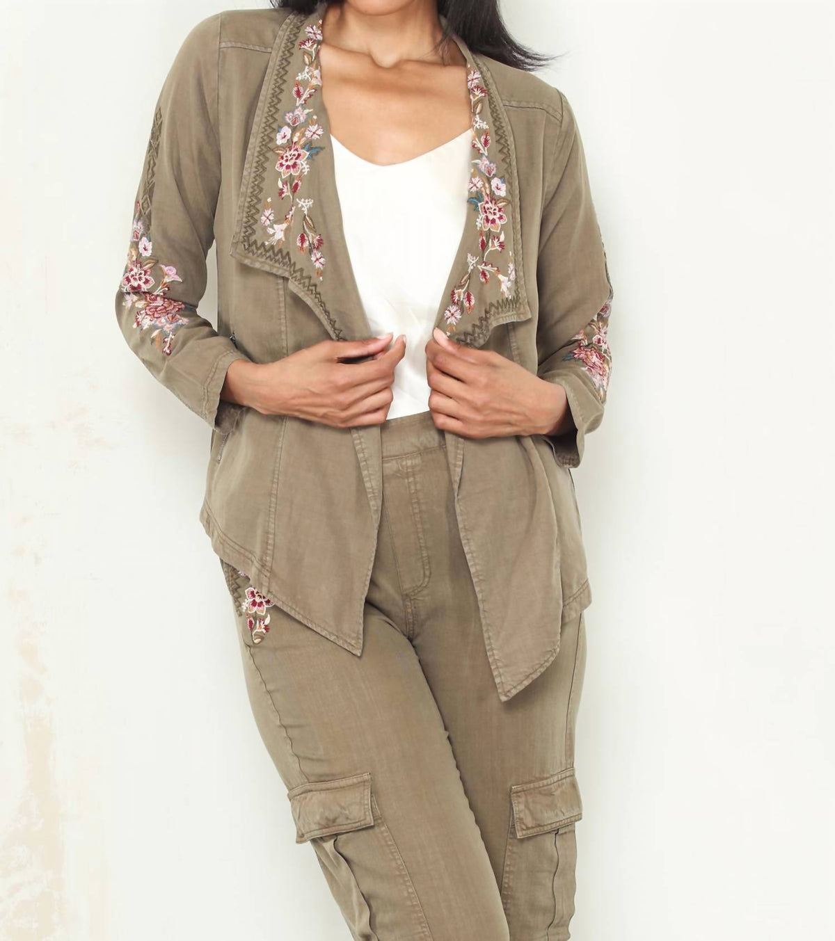 Paparazzi - Tencel Embroidered Open Front Cardigan Jacket