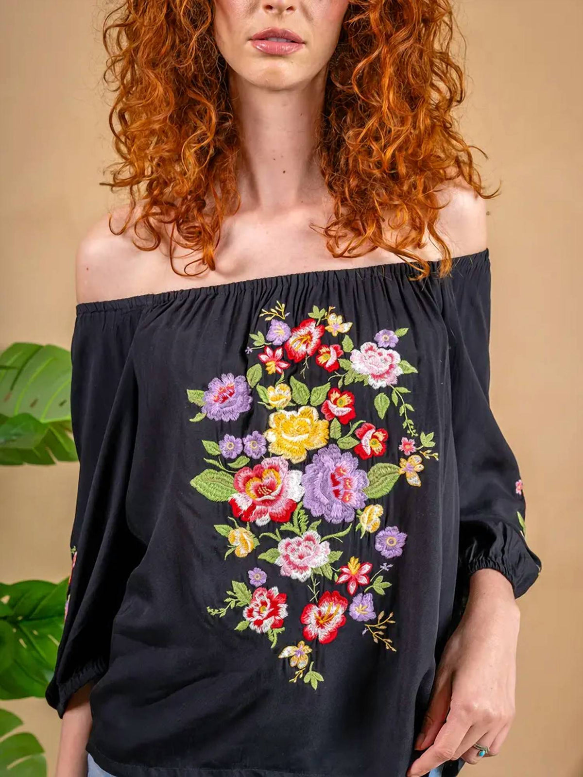 Paparazzi - Viscose Embroidered Off-Shoulder Pull-Over Shirt