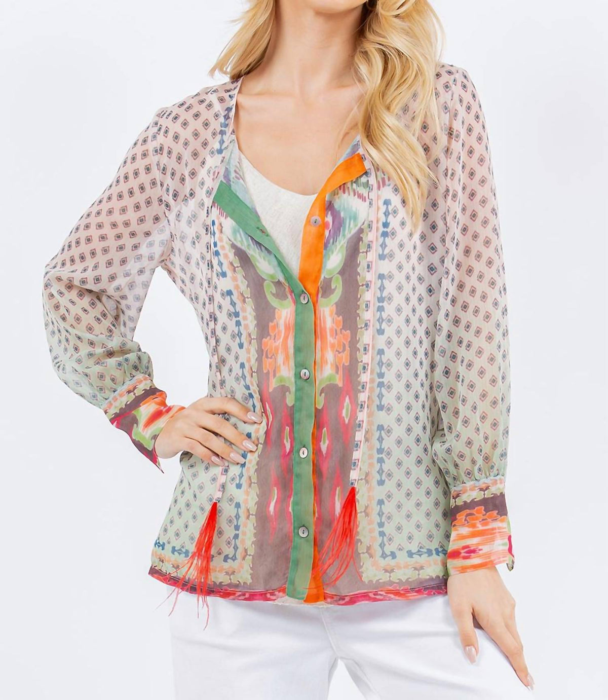 Paparazzi - Woven Sheer Ikat Button Front Blouse - Unlined
