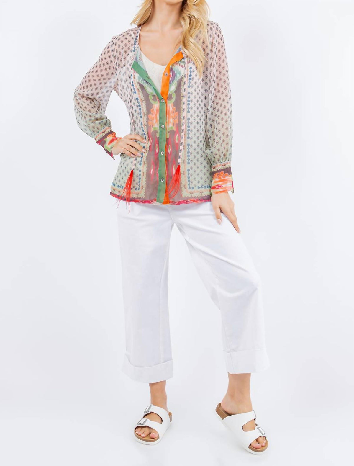 Paparazzi - Woven Sheer Ikat Button Front Blouse - Unlined