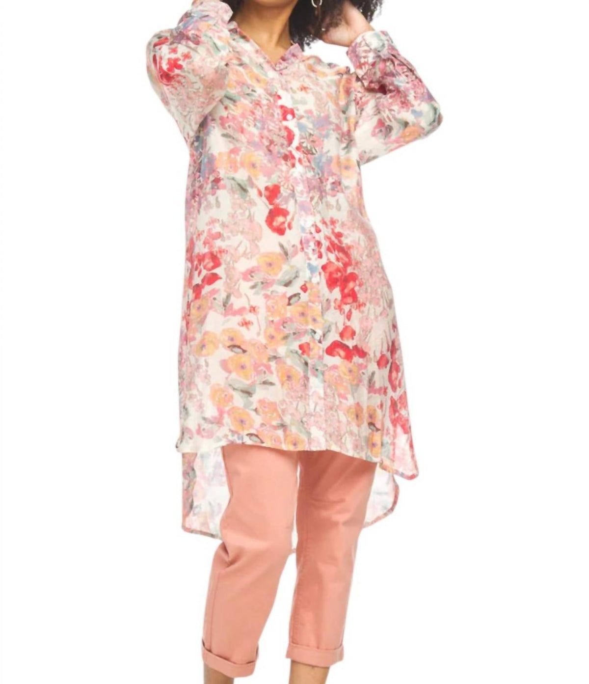 Papillon - Floral Button Front Tunic With Tab Sleeves