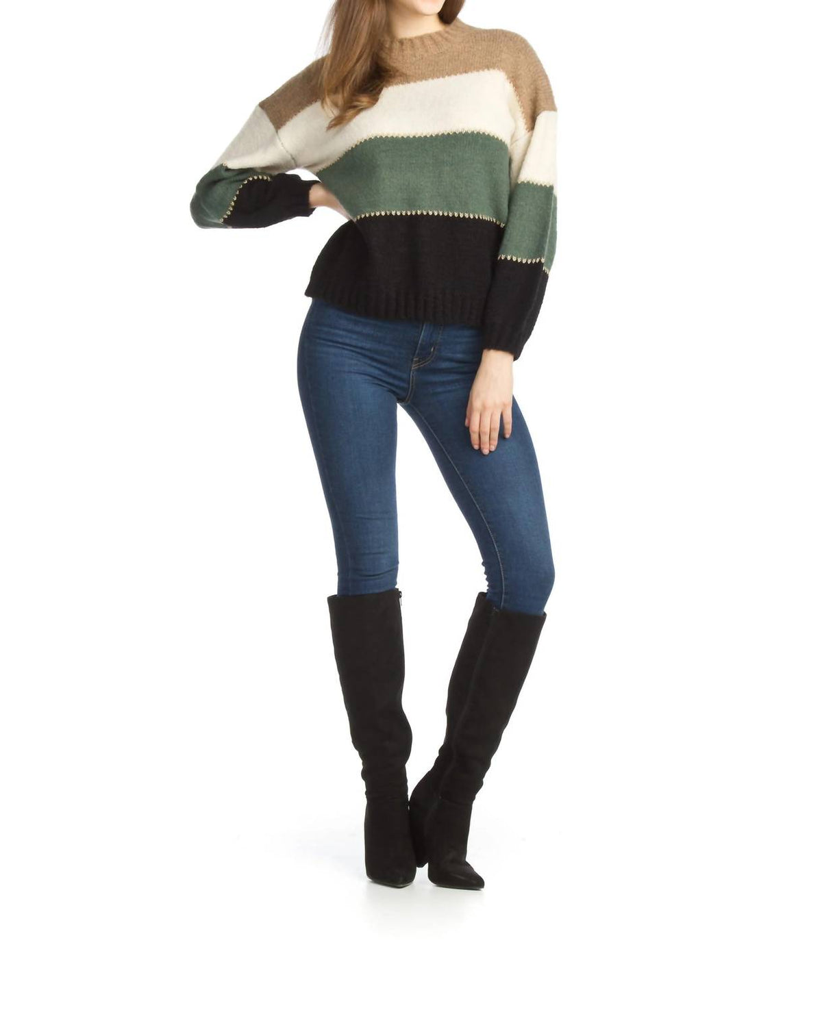 Papillon - Striped Color Blocked Balloon Sleeve Sweater