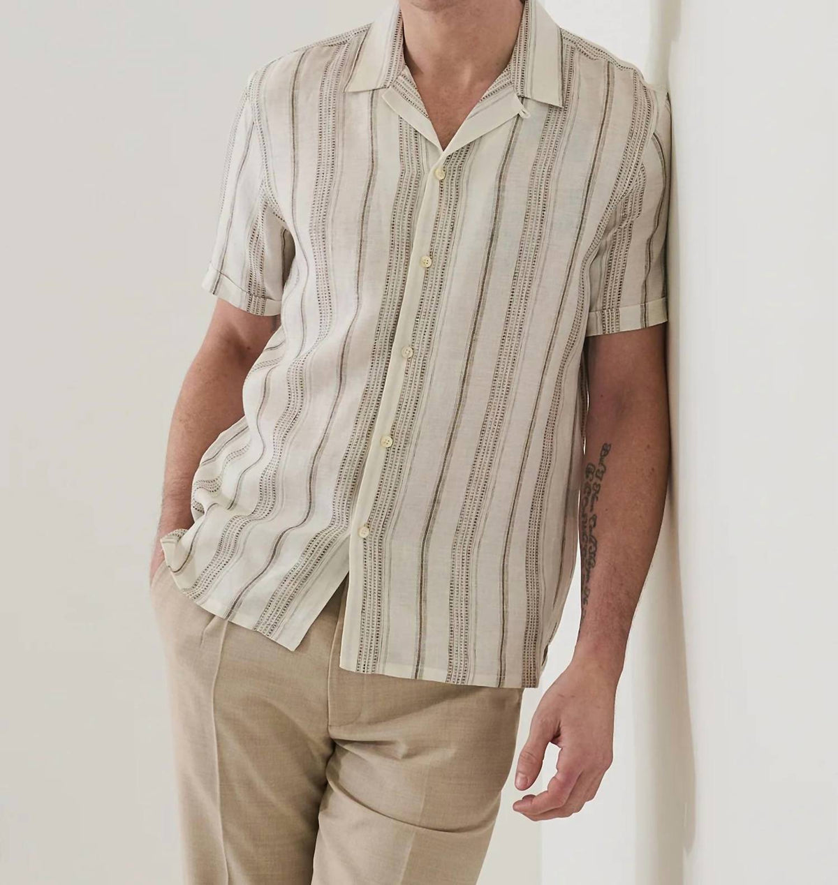 Patrick Assaraf - Dobby Stripe Linen Camp Collar Shirt