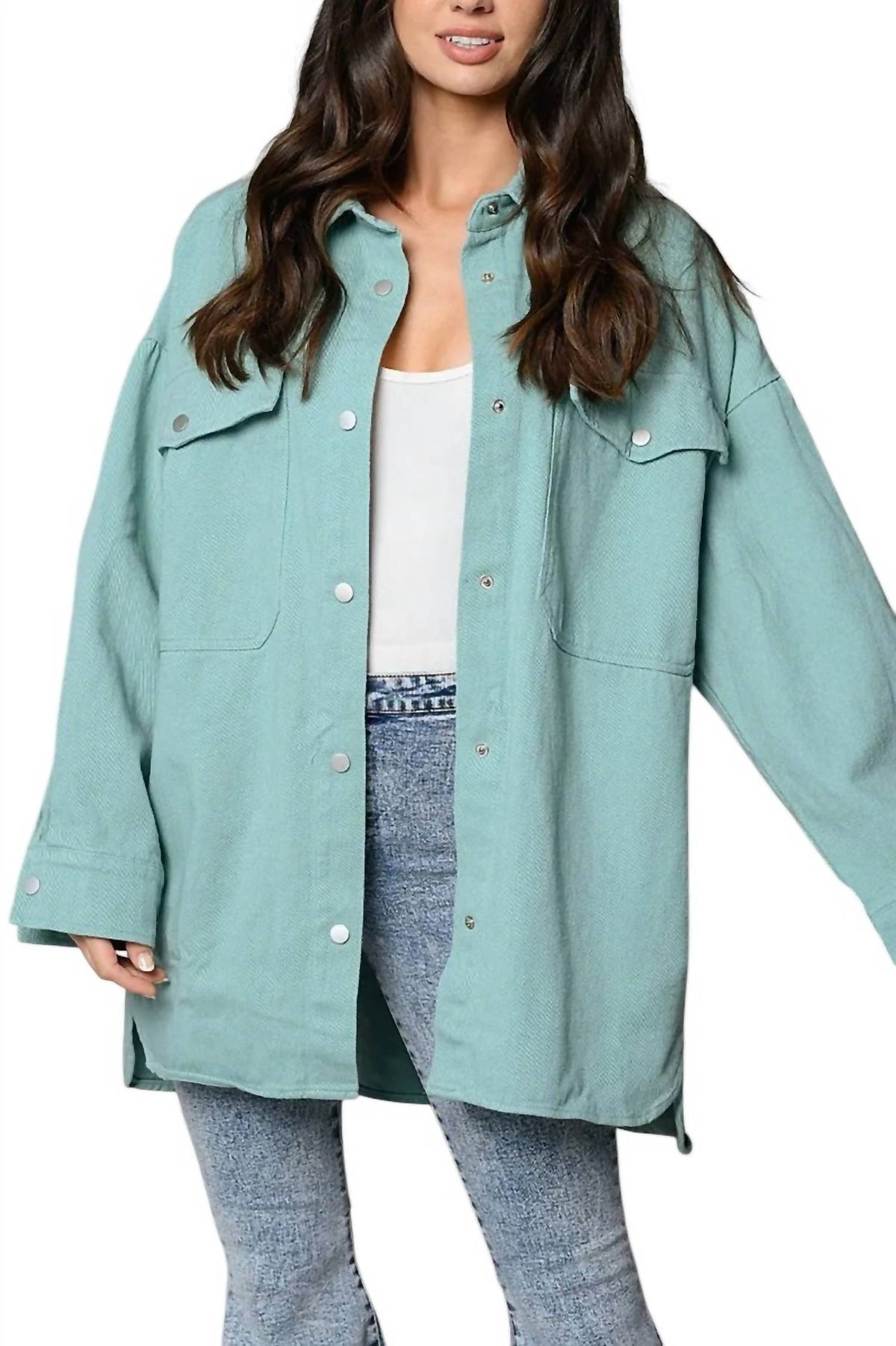 Peach Love - DENIM BUTTON UP SHACKET