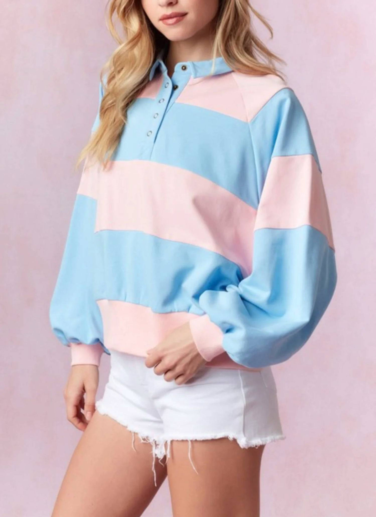 Peach Love - Long Sleeve Snap Button Stripe Pullover Top