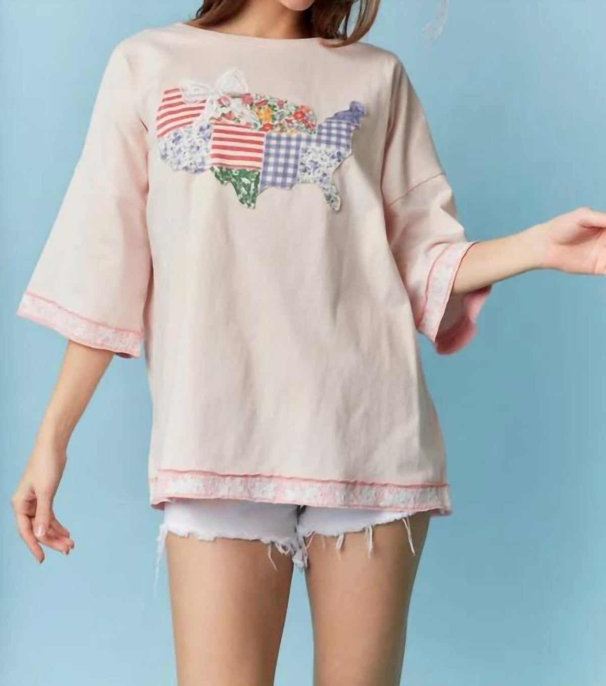 Peach Love - Oversized Usa Land Map Patched Top
