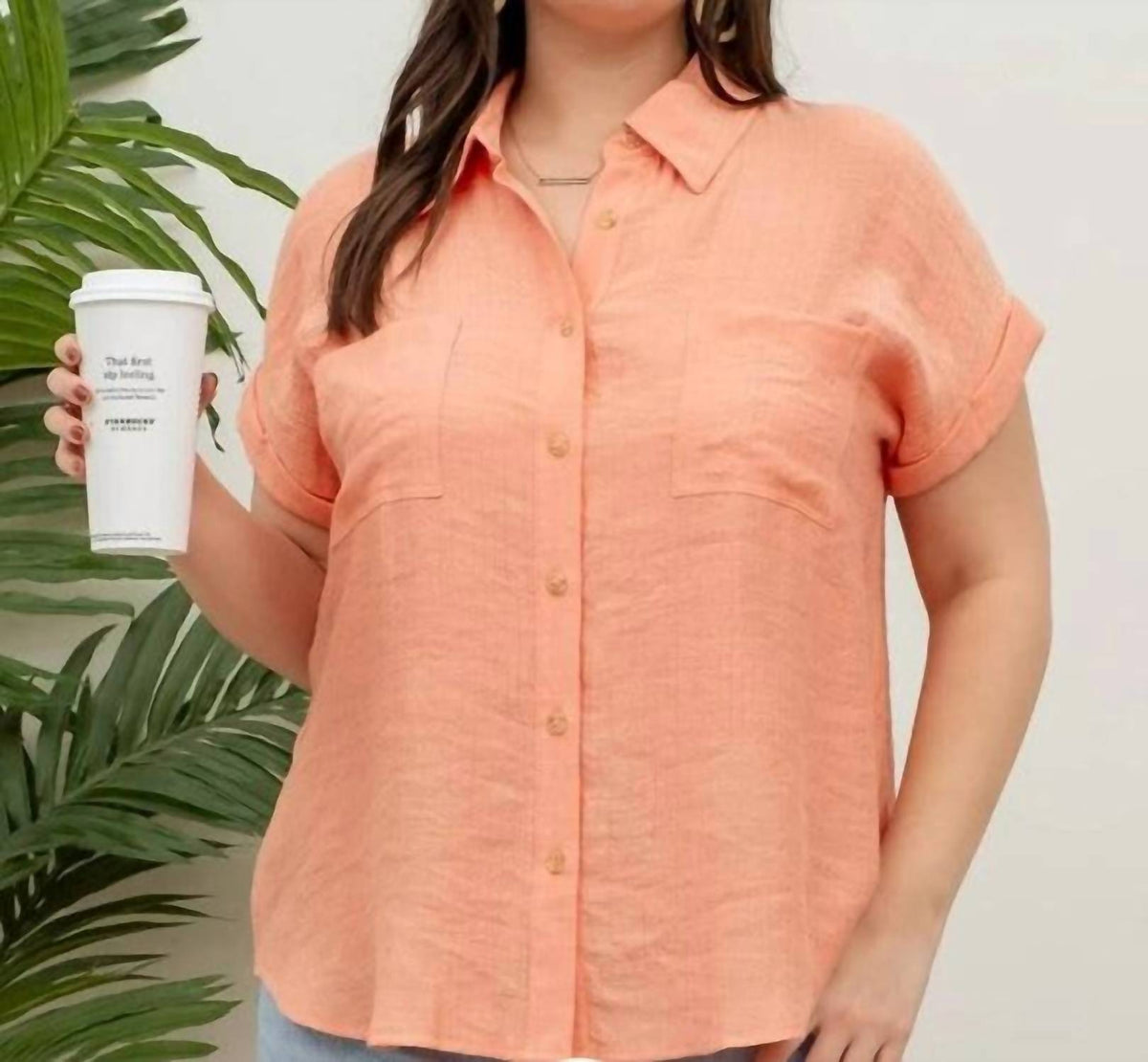 Perch By Blu Pepper - Collared Crinkled Cuff Sleeve Shirt - Plus