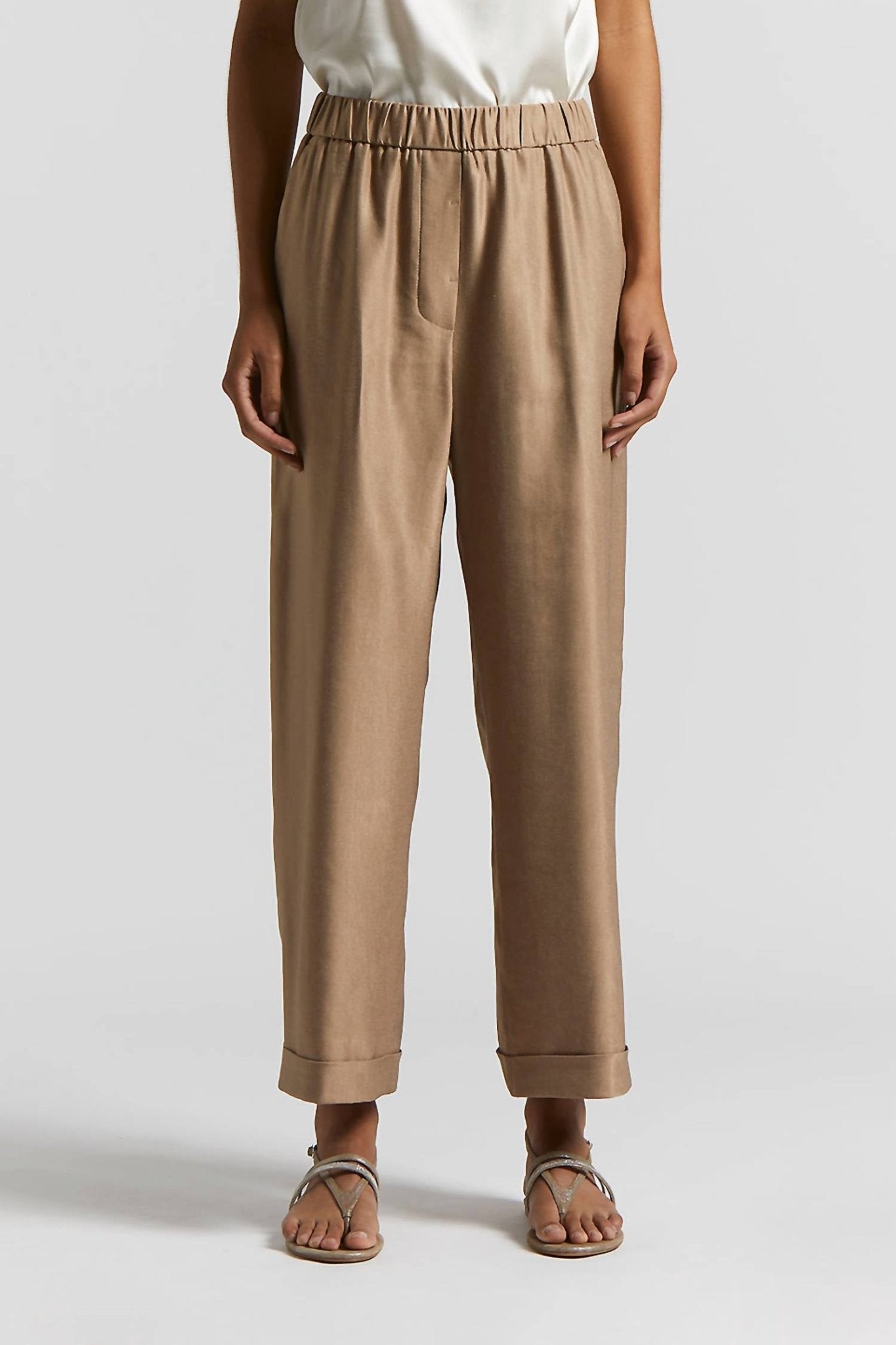 Peserico - Shiny Viscose Linen Gabardine Trousers - brown - clothing - pants