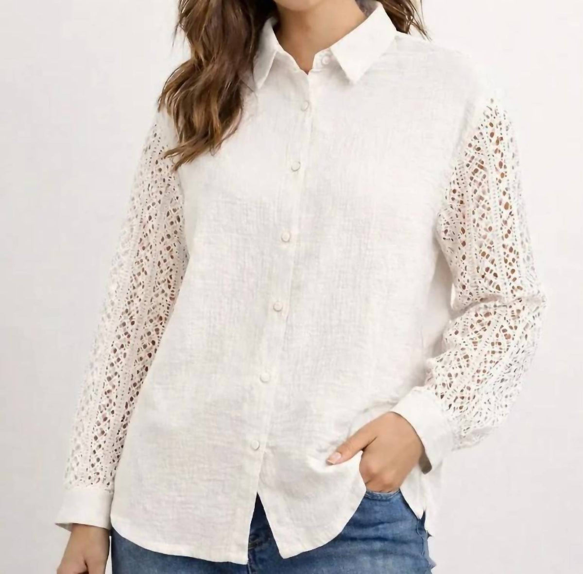 Pine Apparel - Gauze Button Front Crochet Sleeve Top