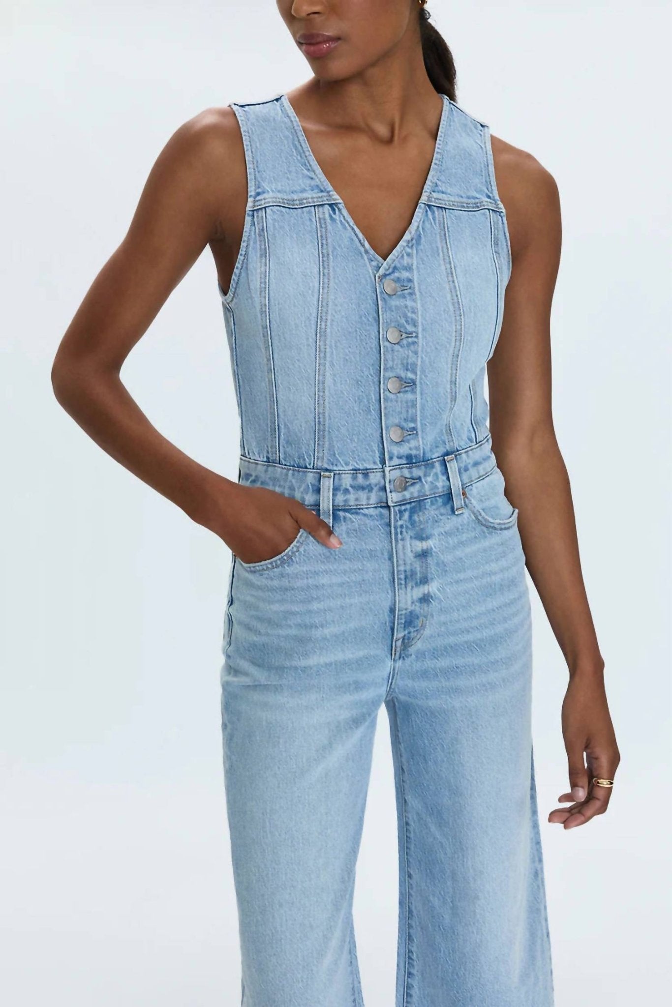 Pistola - Aria Cropped Fitted Vest Jumpsuit - blue - clothing - cotton - blend
