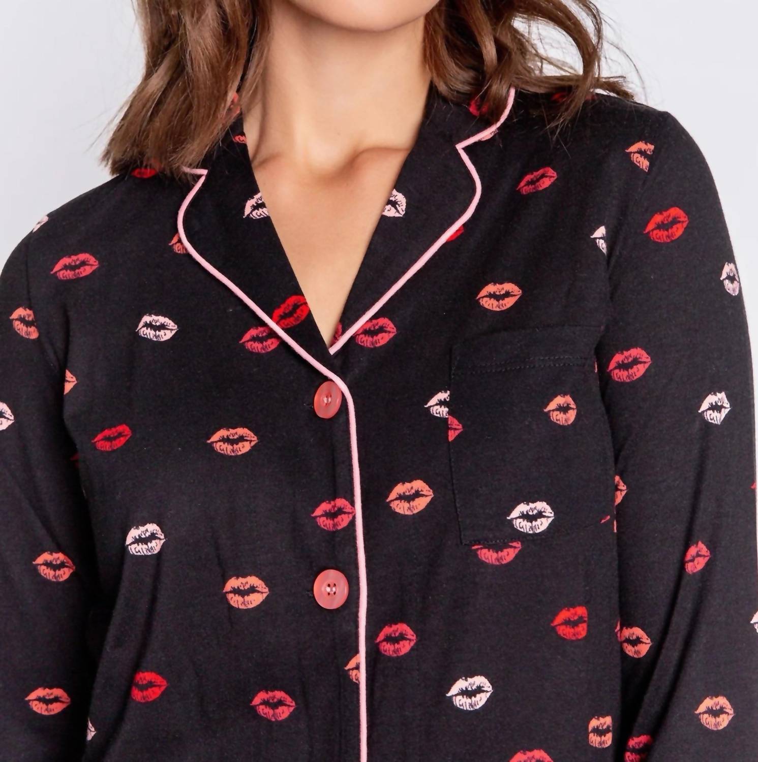 Pj Salvage - Be Mine Lip Print Pajama Set - black - clothing - cotton - blend