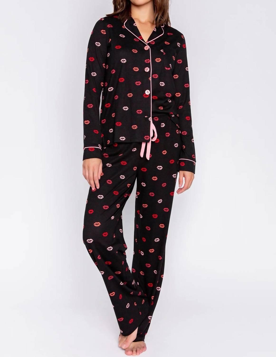 Pj Salvage - Be Mine Lip Print Pajama Set - black - clothing - cotton - blend