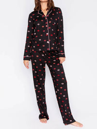 Pj Salvage - Be Mine Lip Print Pajama Set - black - clothing - cotton - blend