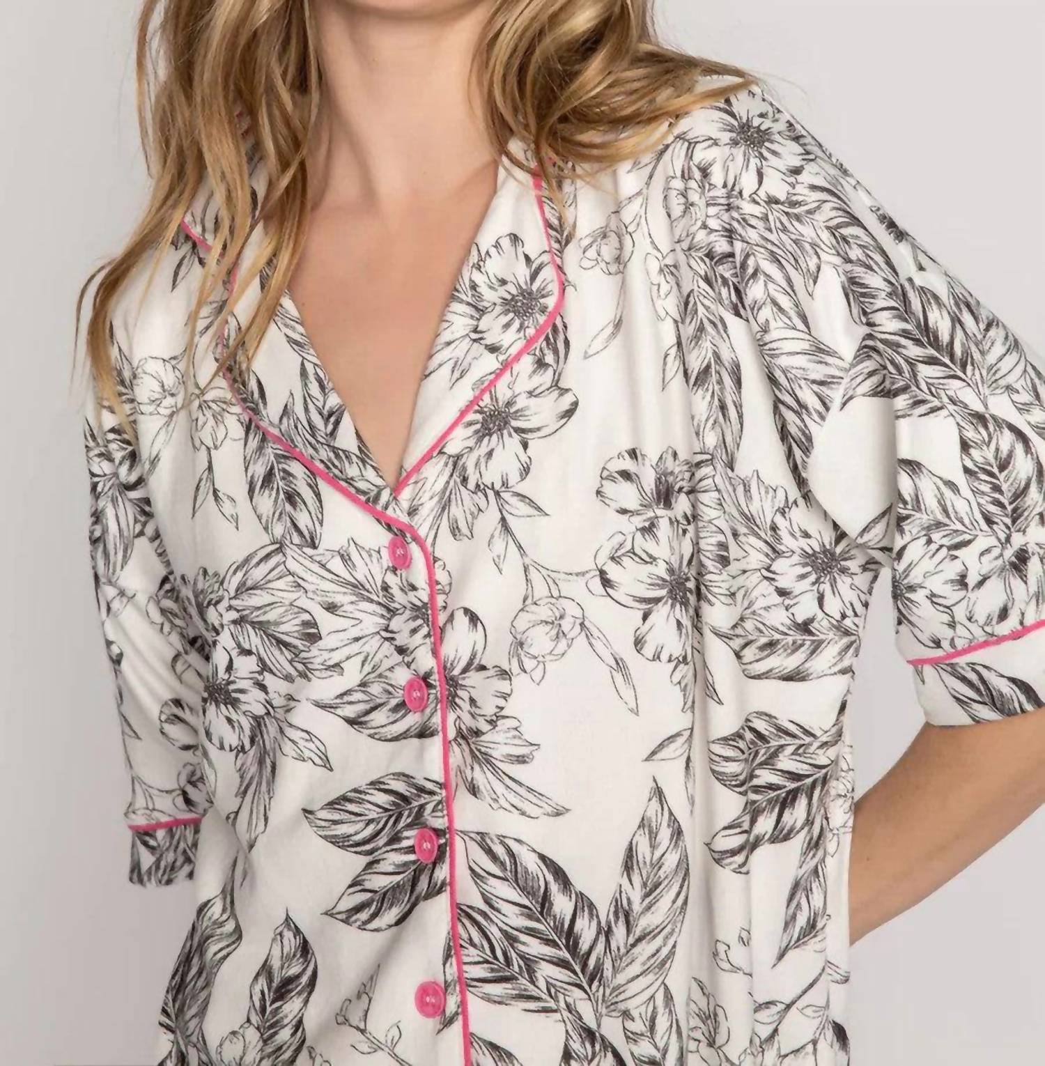 Pj Salvage - Pop Pink Floral Short Pajama Set - clothing - floral - grey