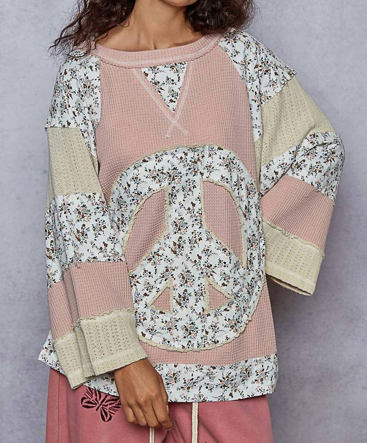 Pol - Peace Long Sleeve Patchwork Top