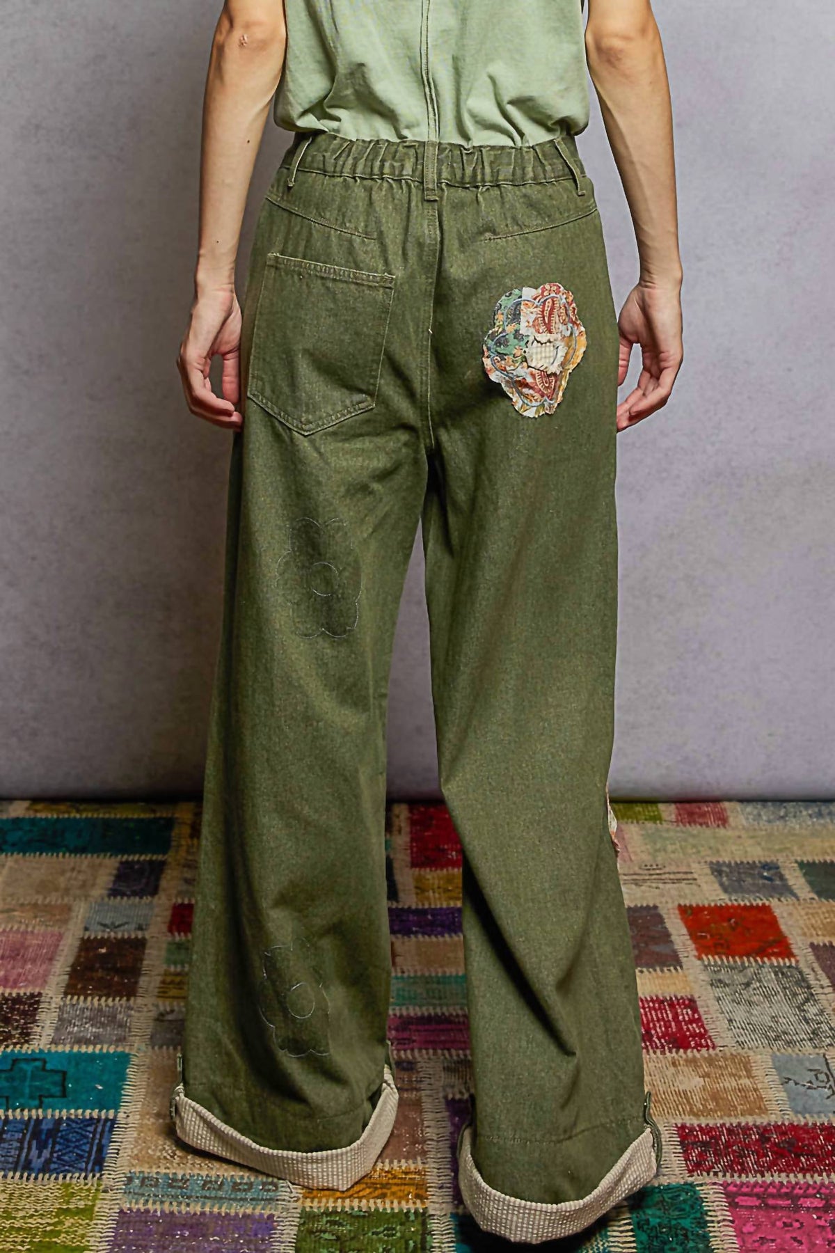 Pol - Charleston Wide Leg Denim Daisy Patchwork Cuff Jeans