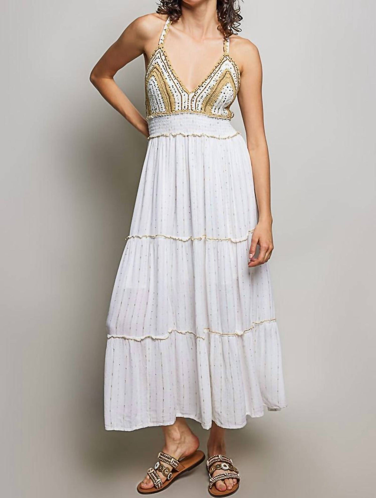 Pol - Corfu Crochet Sequin Metallic Halter Maxi Dress