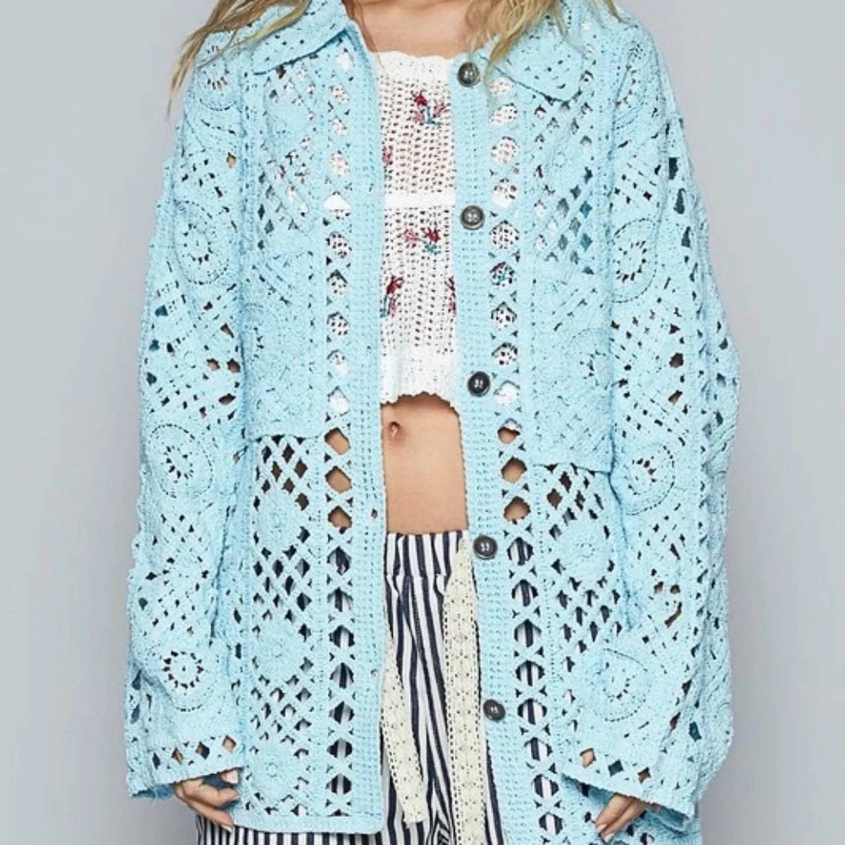 Pol - Crochet Button Up Cardigan With Chest Patch Pockets