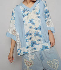 Pol - Denim Floral Short Sleeve Top
