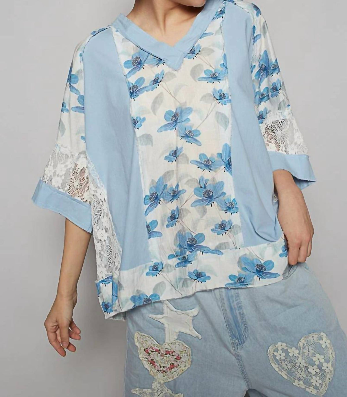 Pol - Denim Floral Short Sleeve Top