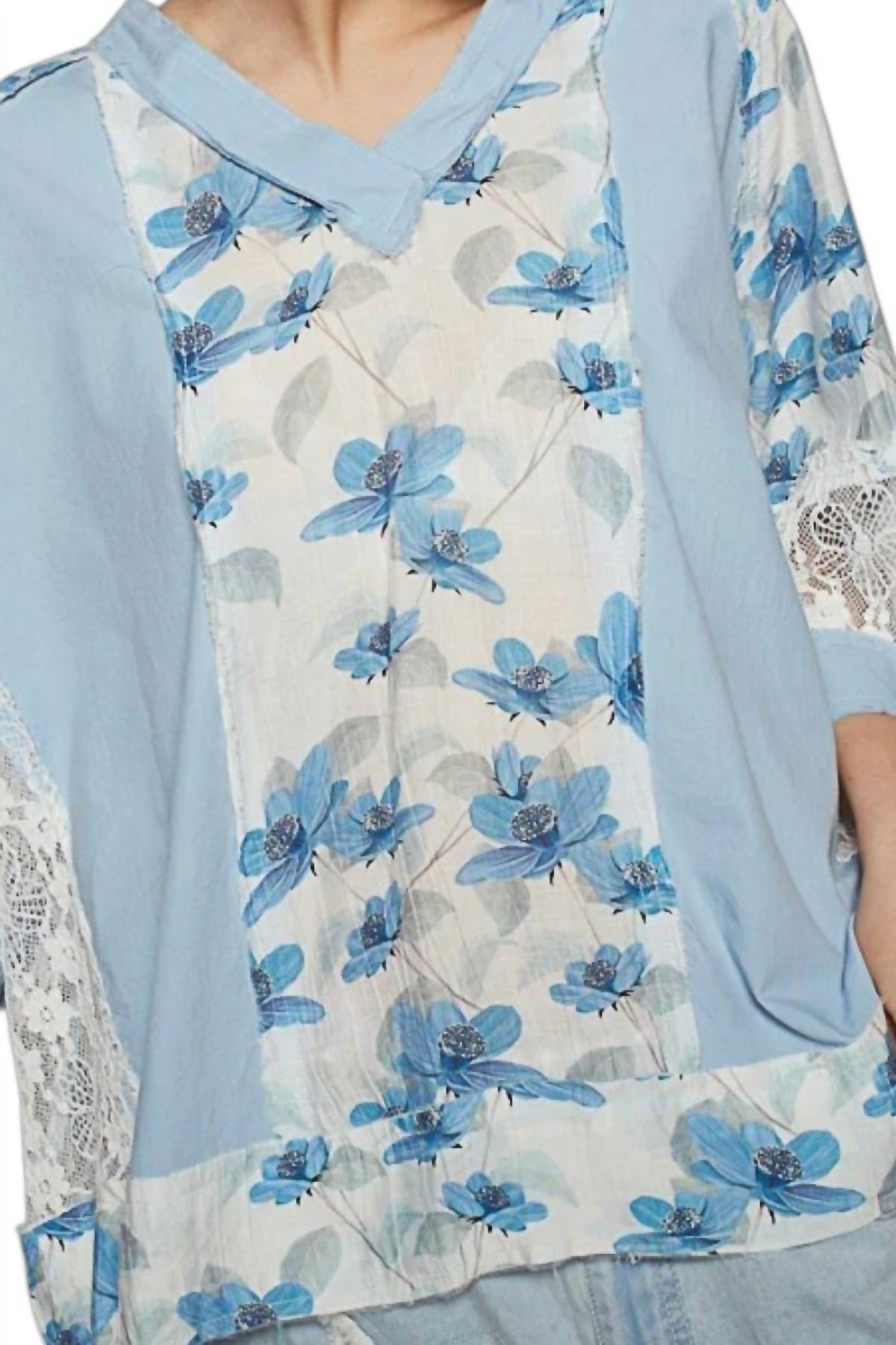 Pol - Denim Floral Short Sleeve Top