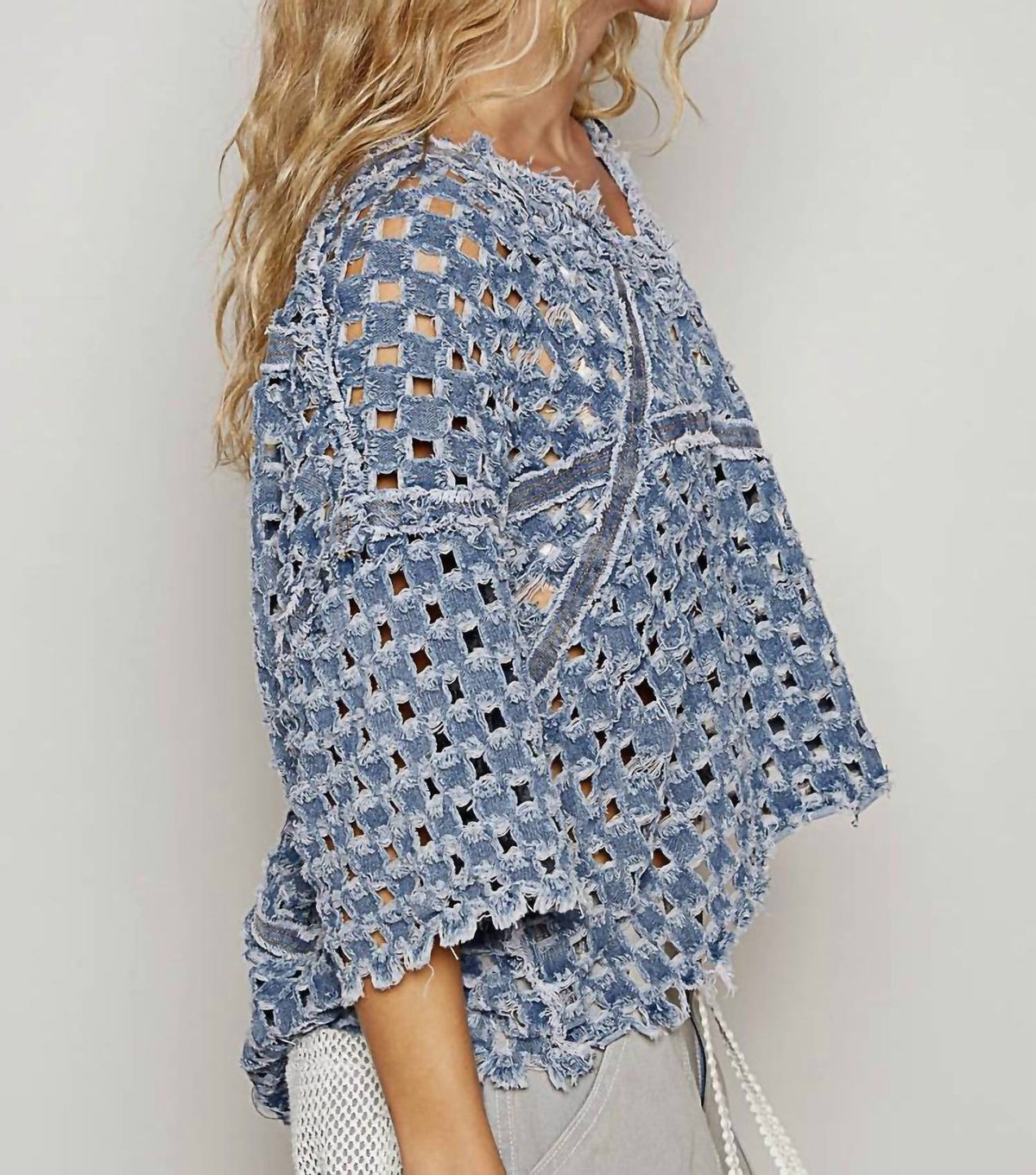 Pol - Distressed Open Knit Denim Top