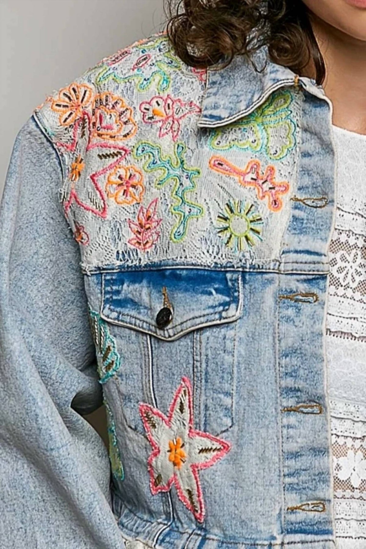 Pol - Floral Embroidered Cropped Jacket