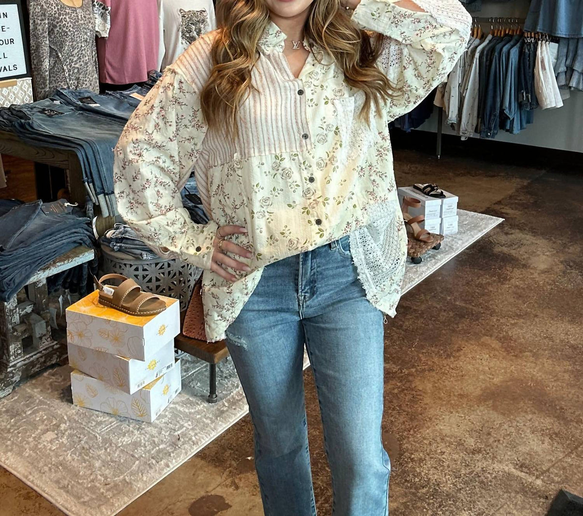 Pol - Floral Patchwork Long Sleeve Button Up Top