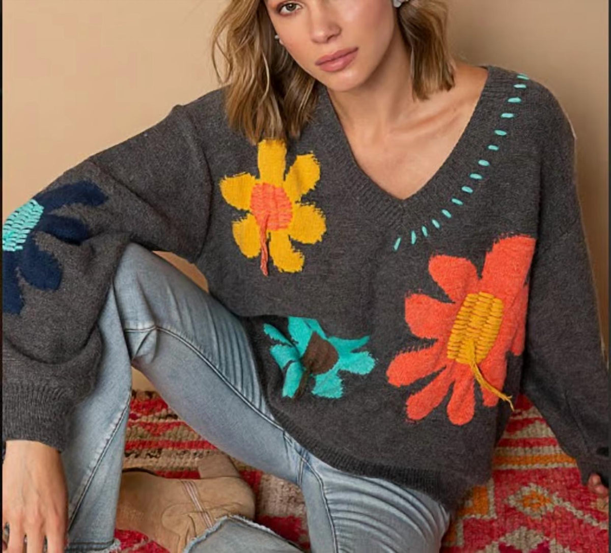 Pol - Floral V-neck Sweater