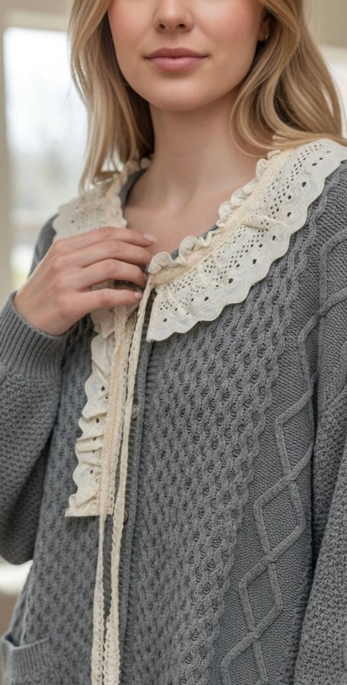 Pol - Long Lace Detailed Oversize Cardigan