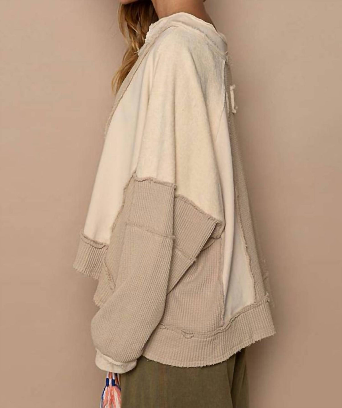 Pol - Notched Neck Contrast Long Sleeve Top