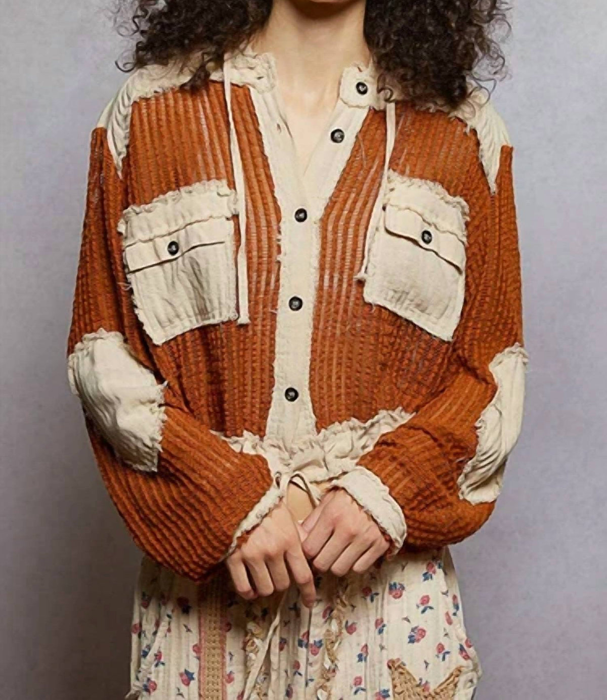 Pol - Open Knit Button Down Hooded Top
