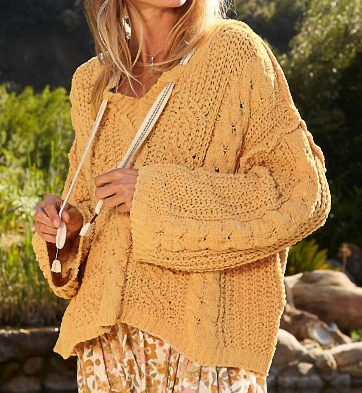 Pol - Oversize Hooded Cable Knit Chenille Sweater