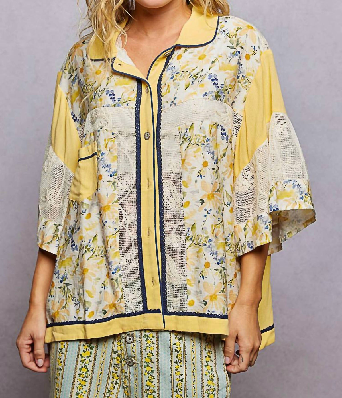 Pol - Oversized Floral Button Up Top