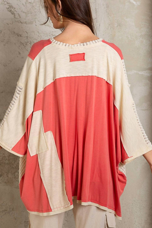 Pol - Oversized High Low Contrast V - neck Top - blouses - clothing - pink