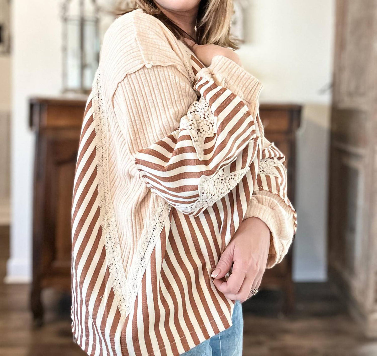 Pol - Oversized Striped Balloon Sleeve Top