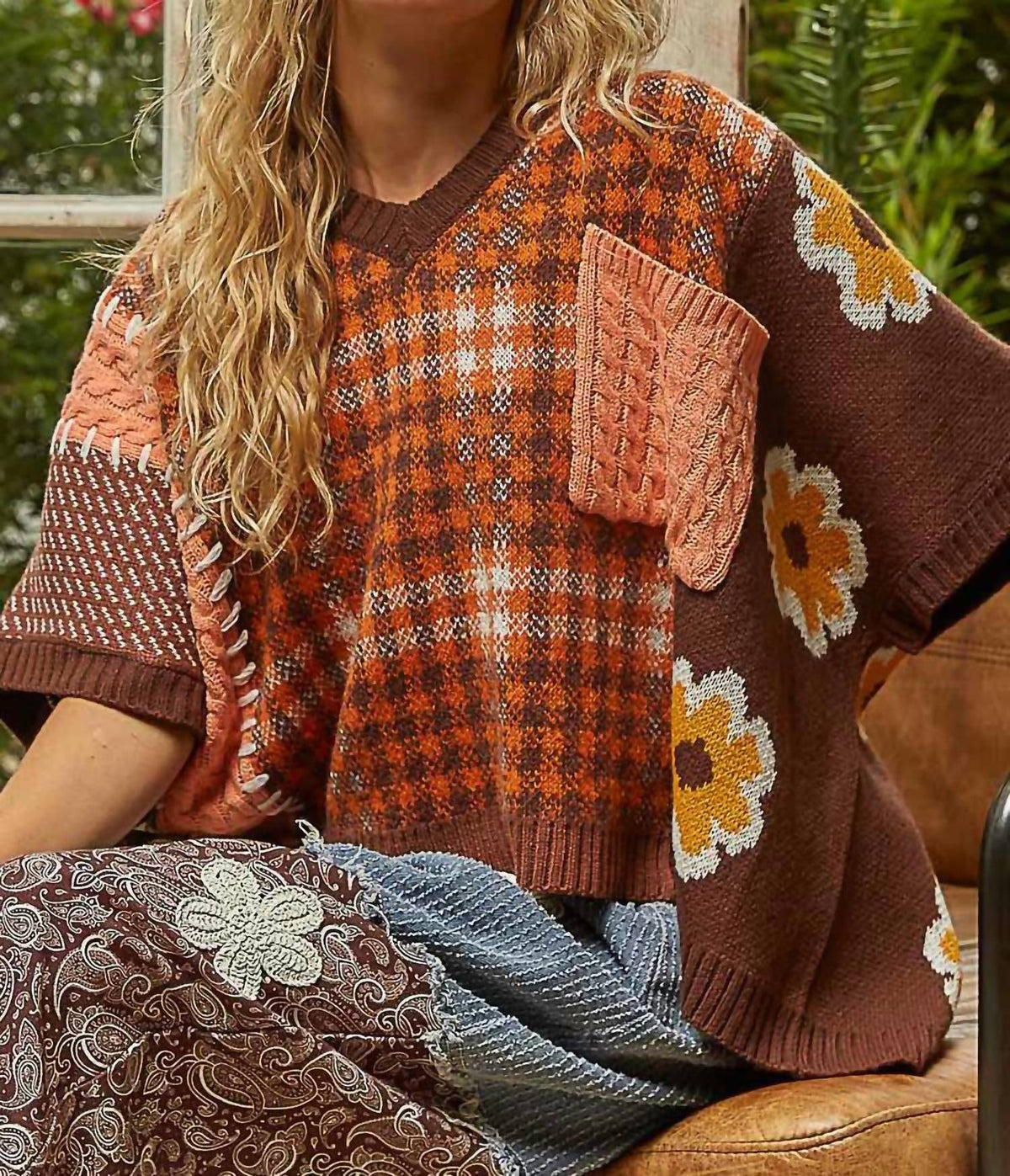 Pol - Plaid And Floral Knit Top