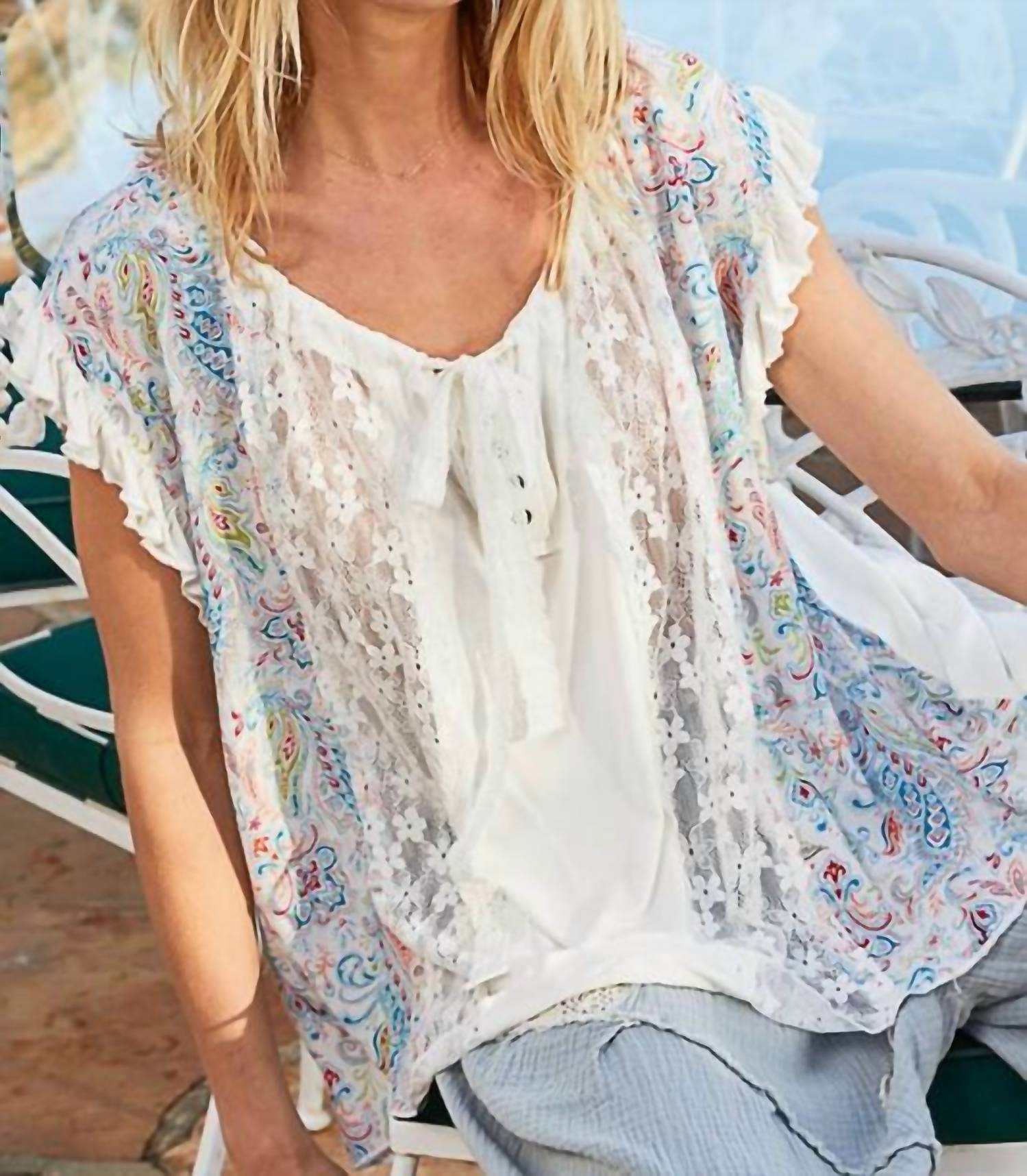 Pol - POL Lace and Floral Knit Top - Ivory - clothing - shirts - tees - short - sleeve