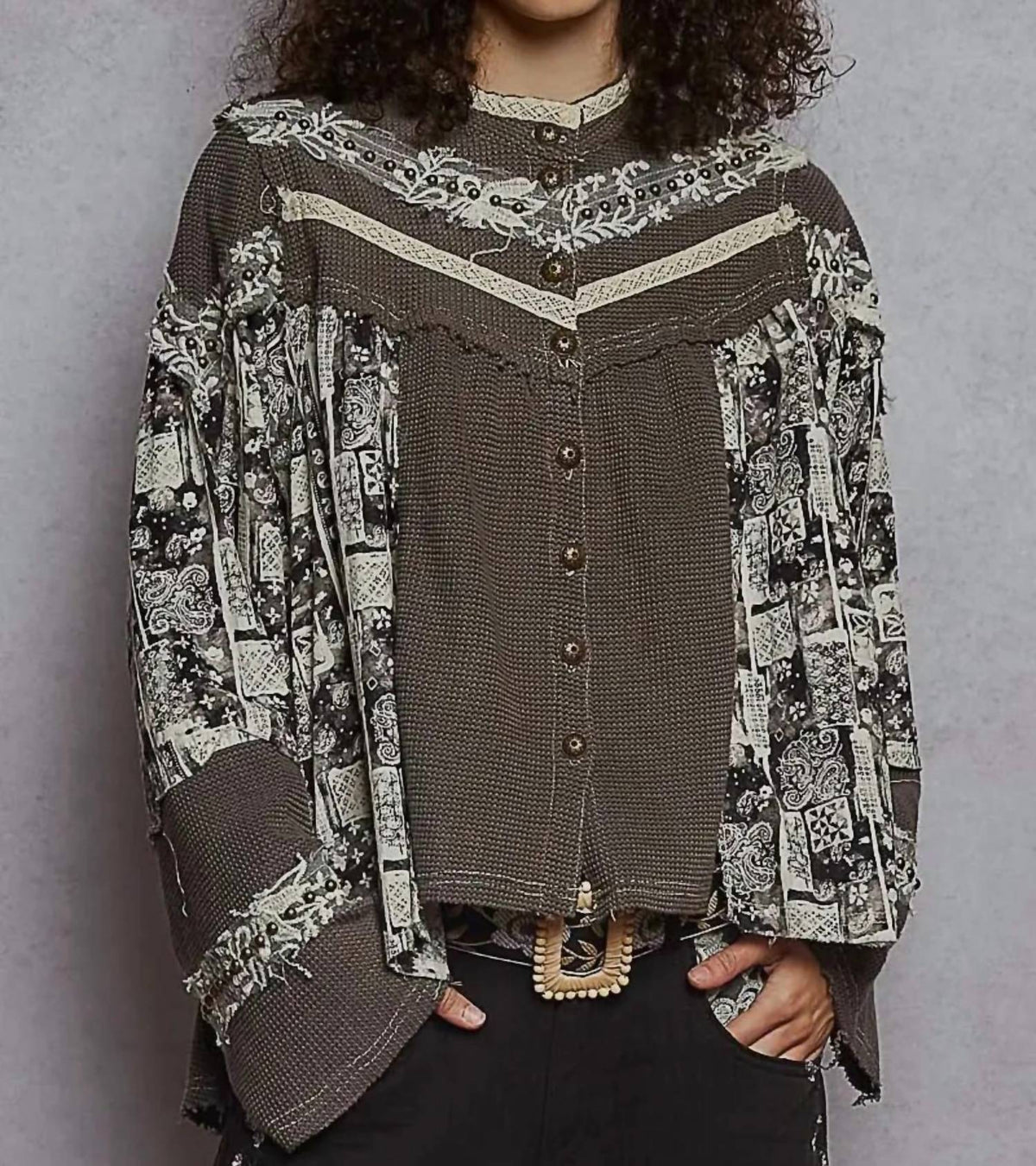 Pol - Printed Contrast Stud Button High Neck Top & Jogger Set